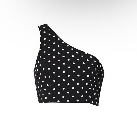 Cinq a Sept Top L Crop Blouse One-Shoulder Asymmetric Black White Polka Dots 10 - Picture 1 of 11